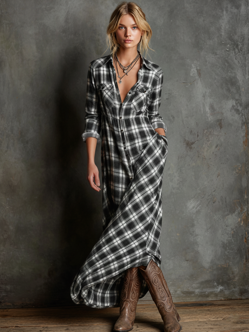 Ashford | Women’s Plaid Shirt Maxi Dress
