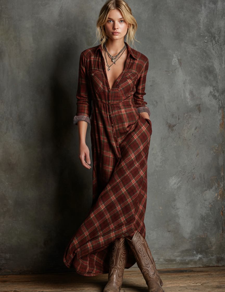 Ashford | Women’s Plaid Shirt Maxi Dress
