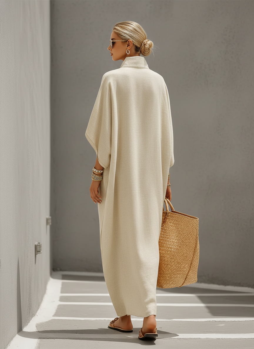Olivara - Women’s Linen Mandarin Collar Maxi Dress