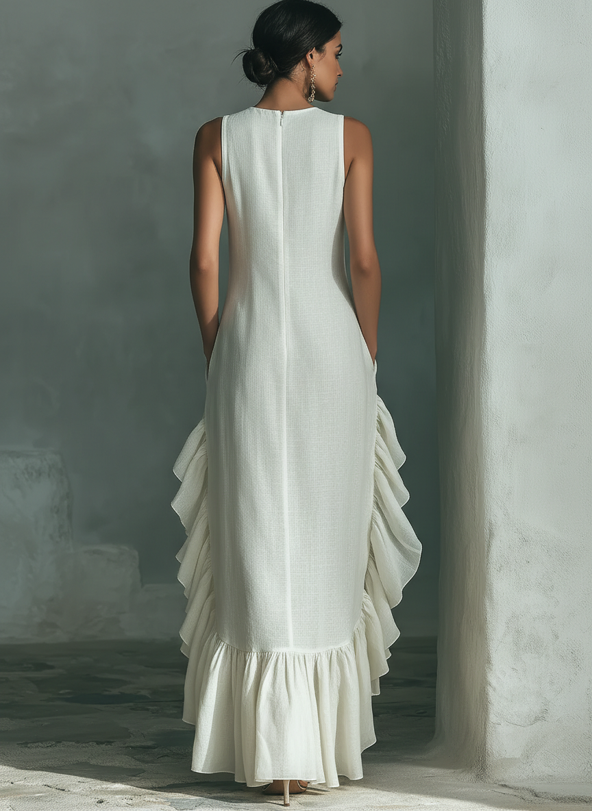 Ivorella - Women’s Linen Ruffle Hem Maxi Dress