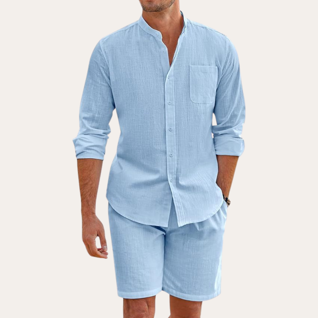 Tim's | Men’s Two-Piece Summer Set – Long Sleeve Shirt and Shorts – Relaxed Fit – Lightweight and Breathable