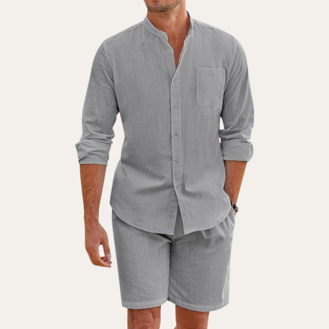 Tim's | Men’s Two-Piece Summer Set – Long Sleeve Shirt and Shorts – Relaxed Fit – Lightweight and Breathable