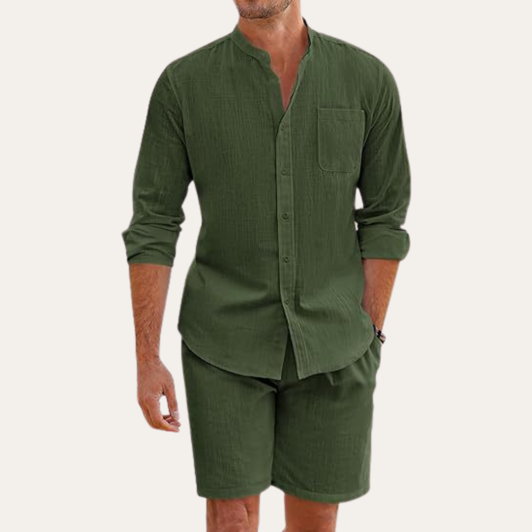Tim's | Men’s Two-Piece Summer Set – Long Sleeve Shirt and Shorts – Relaxed Fit – Lightweight and Breathable