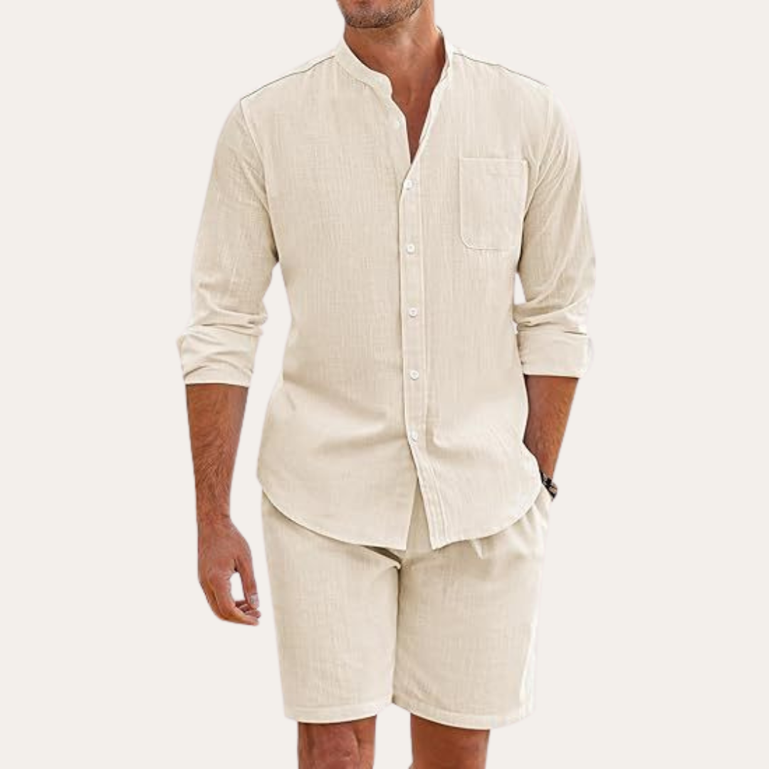 Tim's | Men’s Two-Piece Summer Set – Long Sleeve Shirt and Shorts – Relaxed Fit – Lightweight and Breathable