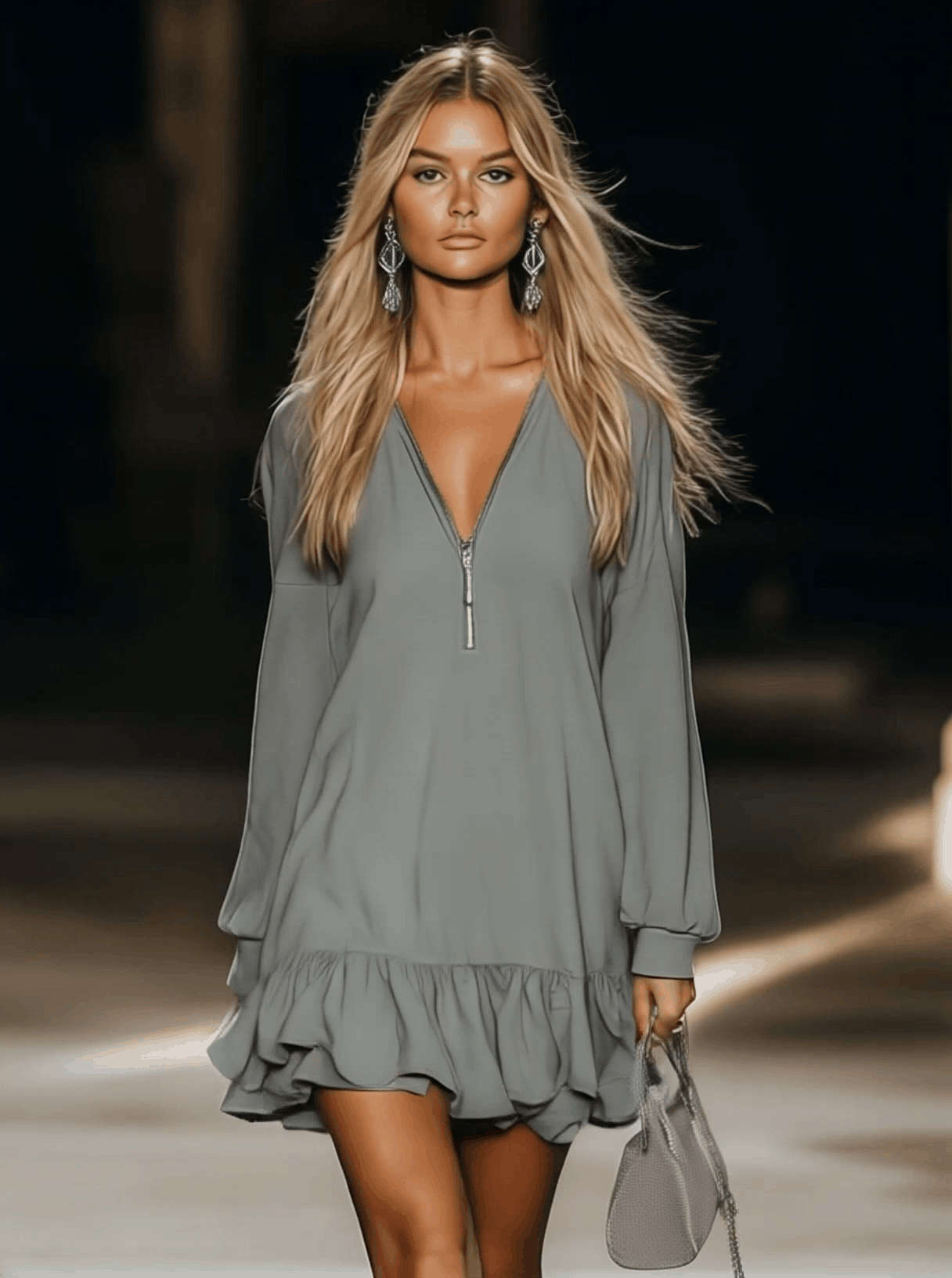 Velora | Zip V-Neck Ruffle Hem Mini Dress