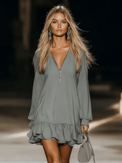 Velora | Zip V-Neck Ruffle Hem Mini Dress