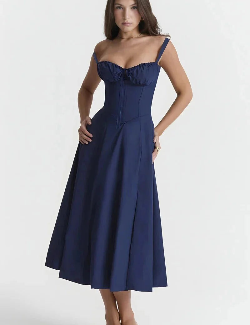 Linsay | Women’s Corset Bodice Midi Dress with Tie Back