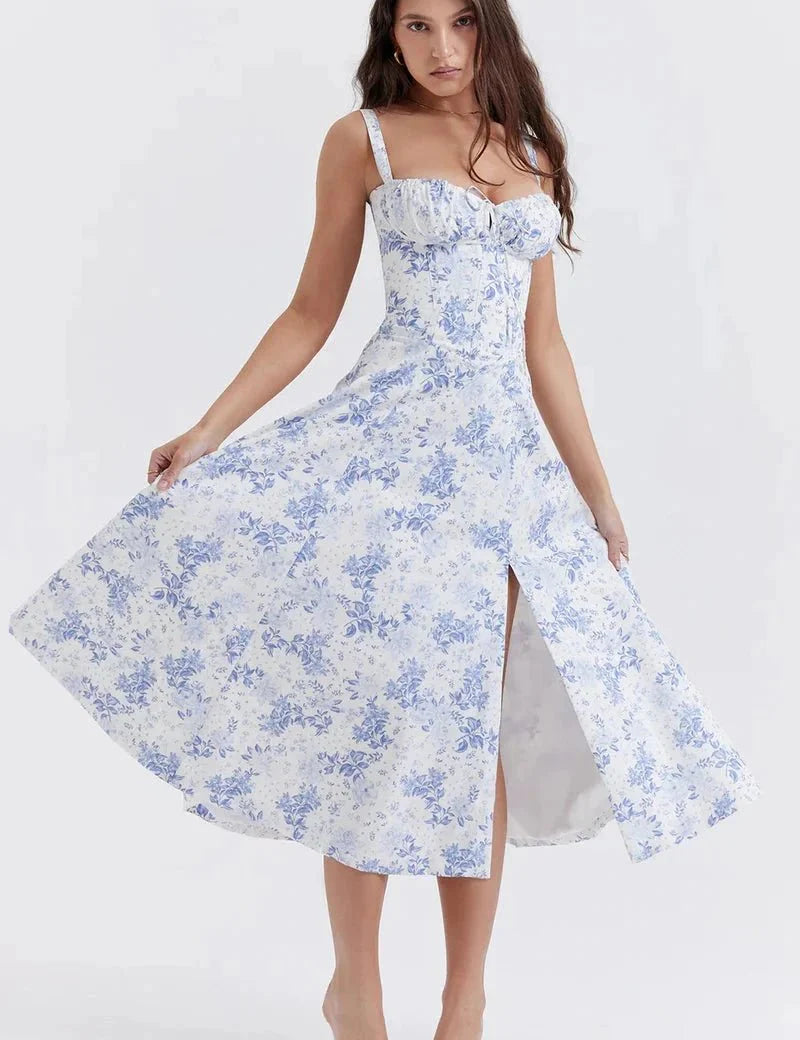 Linsay | Women’s Corset Bodice Midi Dress with Tie Back