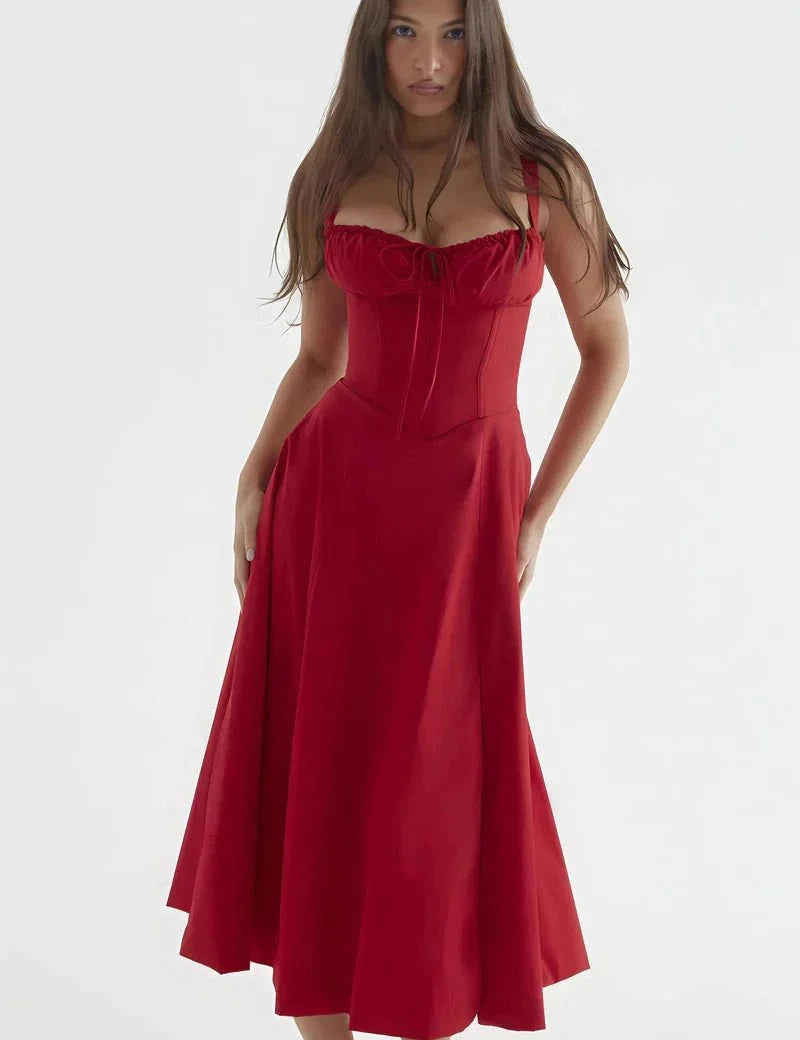 Linsay | Women’s Corset Bodice Midi Dress with Tie Back
