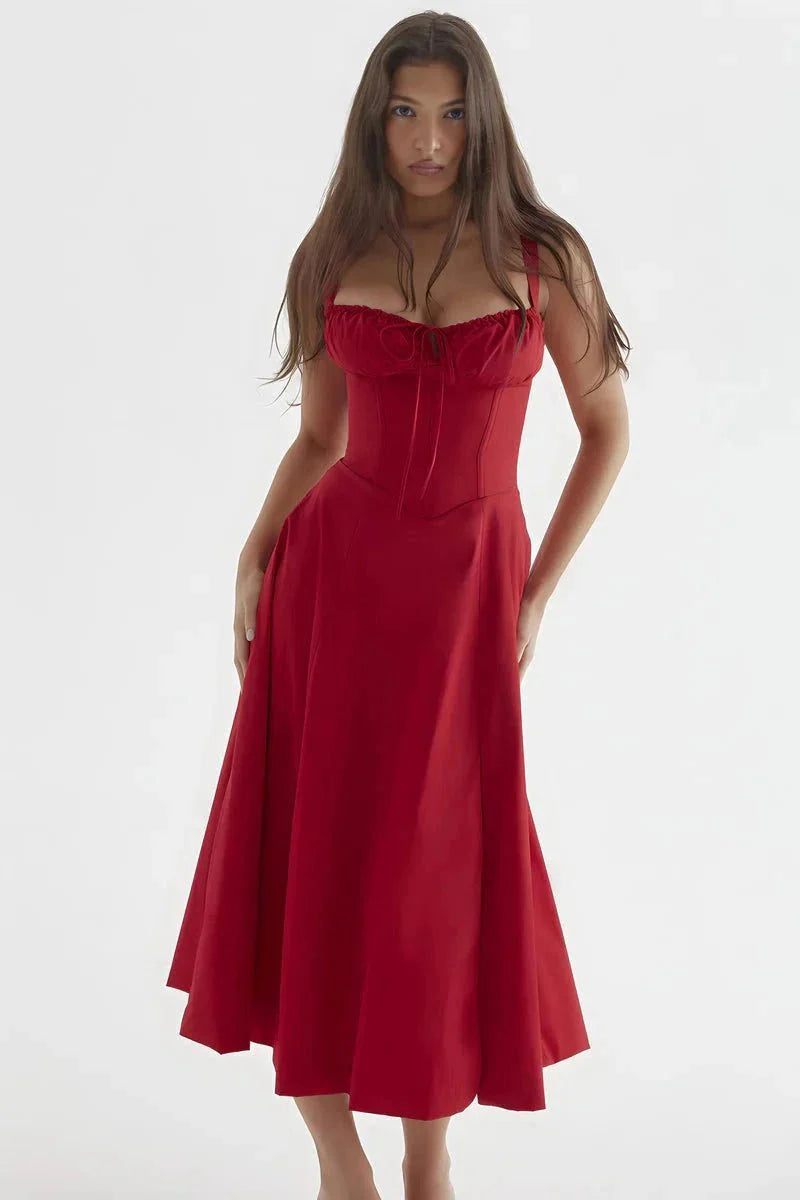 Linsay | Women’s Corset Bodice Midi Dress with Tie Back
