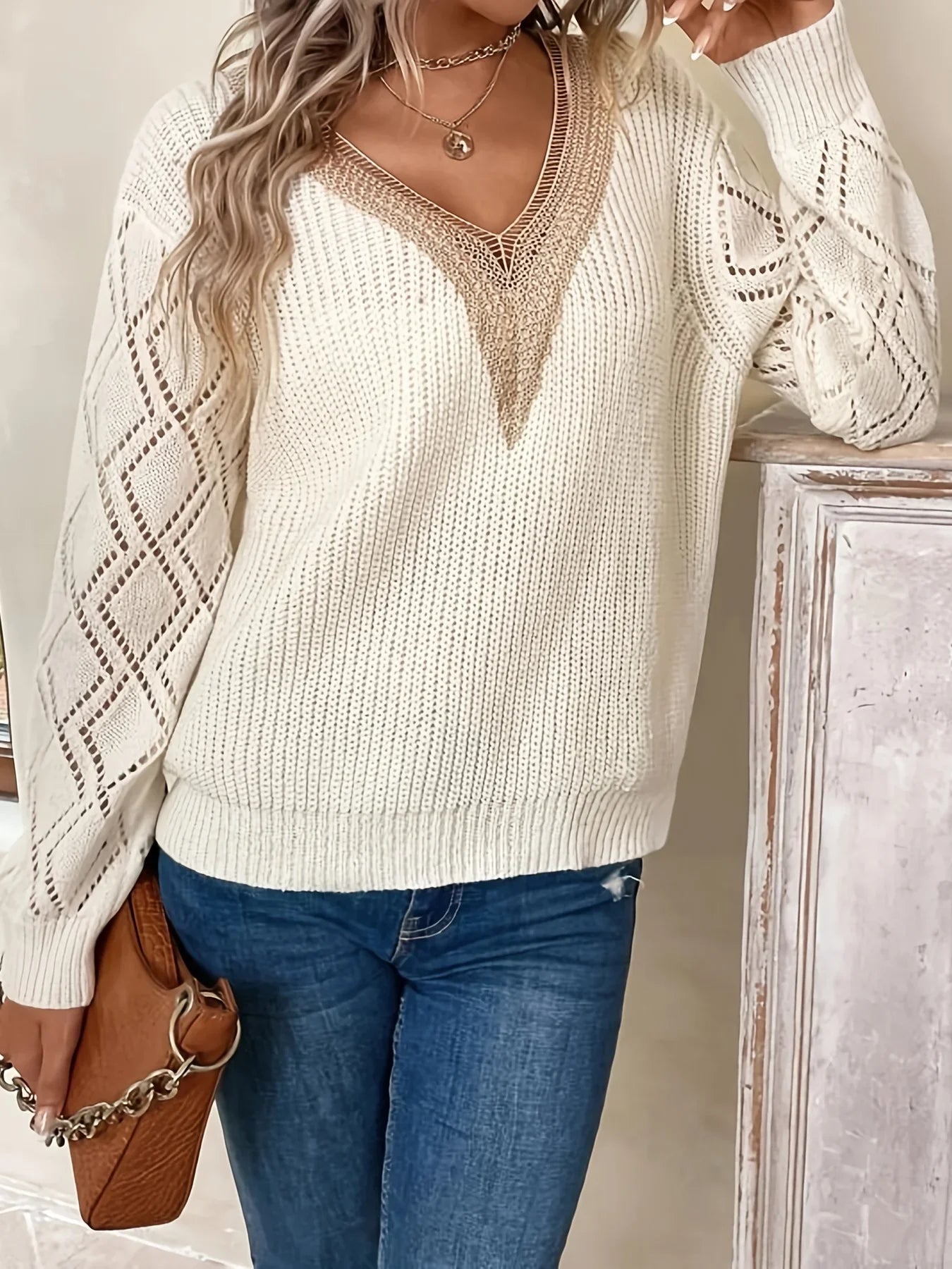 Solviera | Women’s Crochet V-Neck Sweater