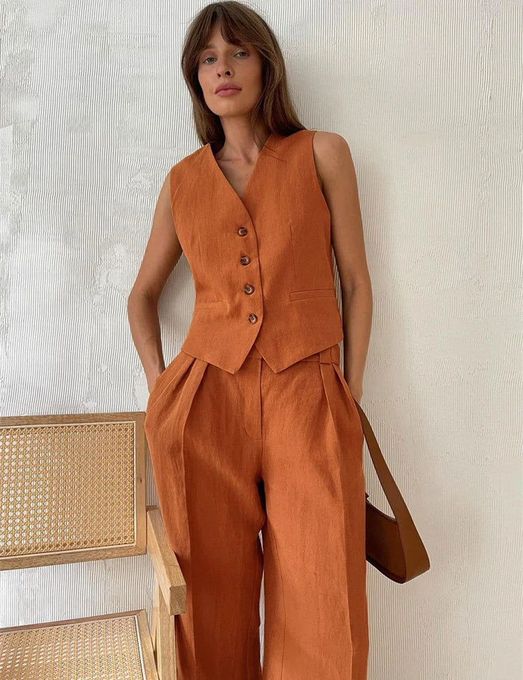 Valera - Women’s Linen Vest & Wide Leg Set