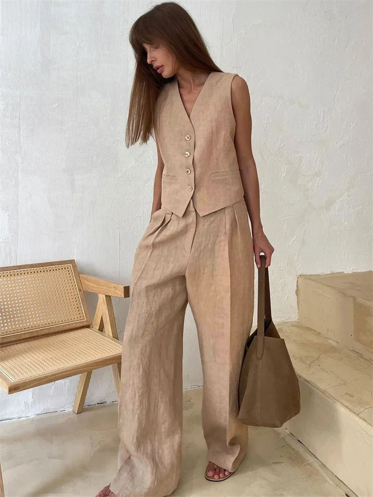 Valera - Women’s Linen Vest & Wide Leg Set