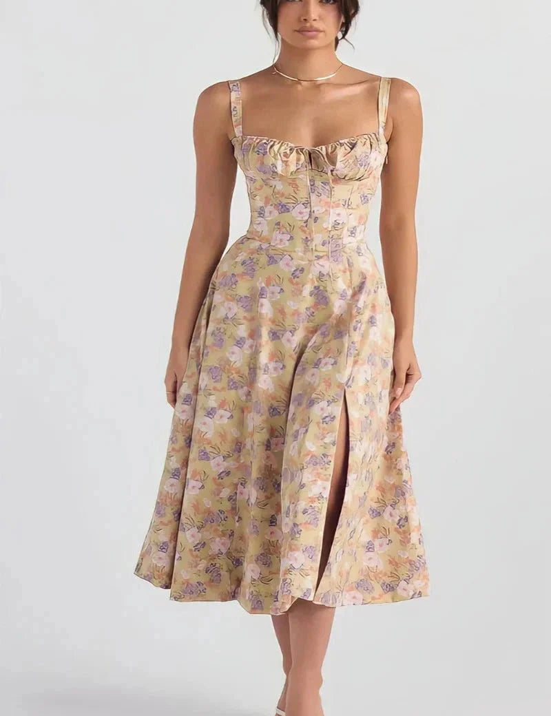 Linsay | Women’s Corset Bodice Midi Dress with Tie Back