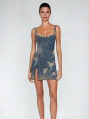 Liana | Shimmering Starry Mini Dress – Sparkle Detail, Sleeveless, Slit Detail