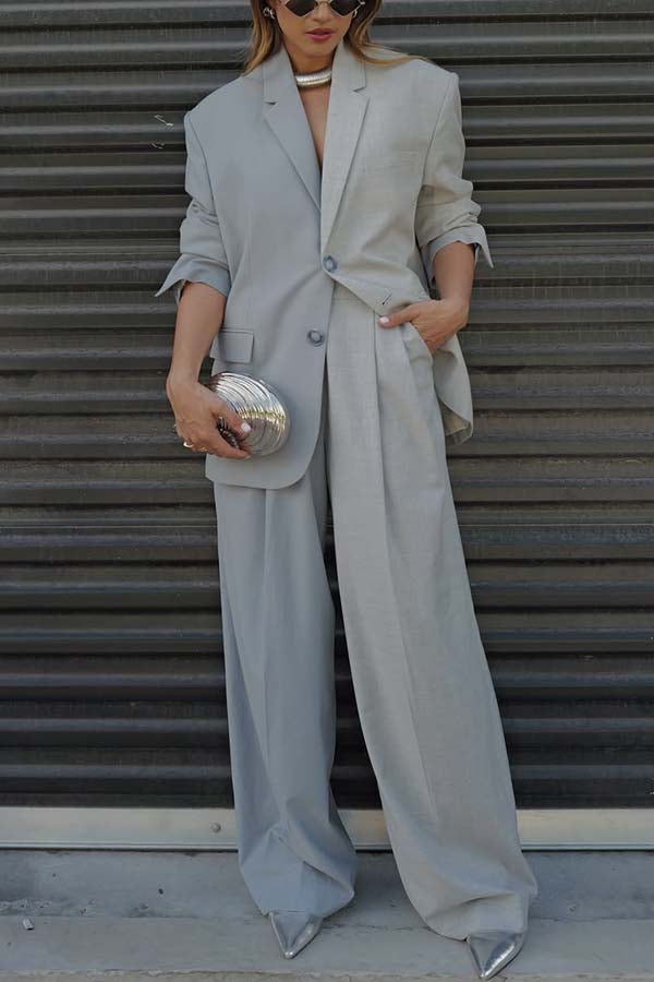 Girl Boss Avant-garde Contrast Colors Lapel Boyfriend Blazer and Pocketed Wide Leg Pants Set