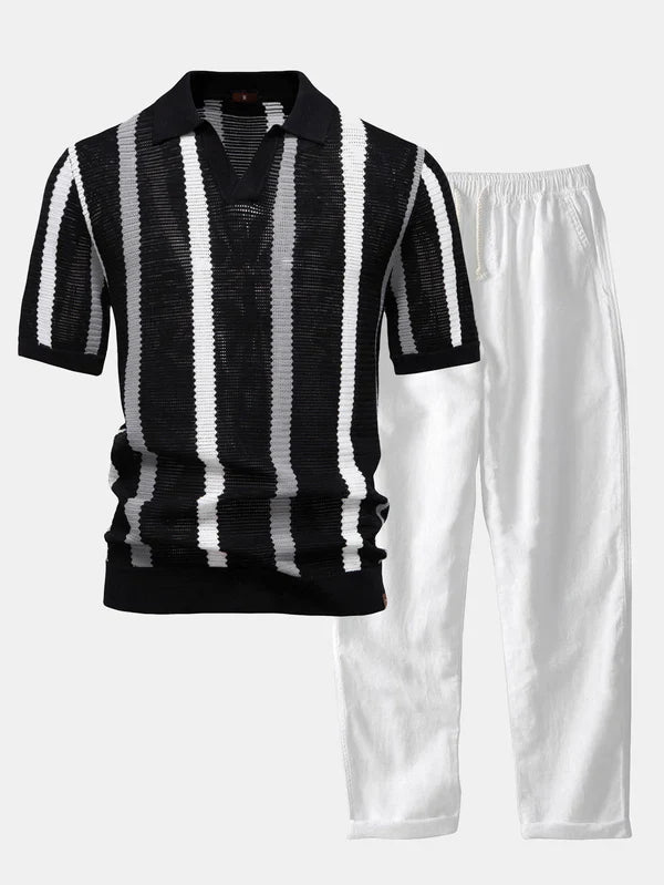 Stripe Knit V Neck Polo Shirt & Cotton Linen Pants