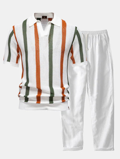 Stripe Knit V Neck Polo Shirt & Cotton Linen Pants