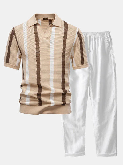 Stripe Knit V Neck Polo Shirt & Cotton Linen Pants
