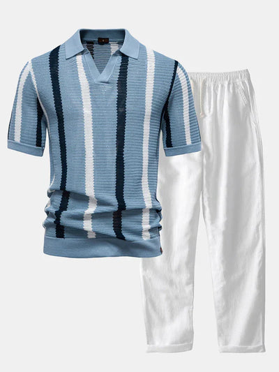 Stripe Knit V Neck Polo Shirt & Cotton Linen Pants