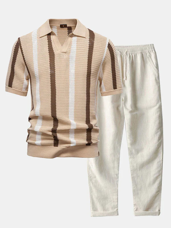Stripe Knit V Neck Polo Shirt & Cotton Linen Pants