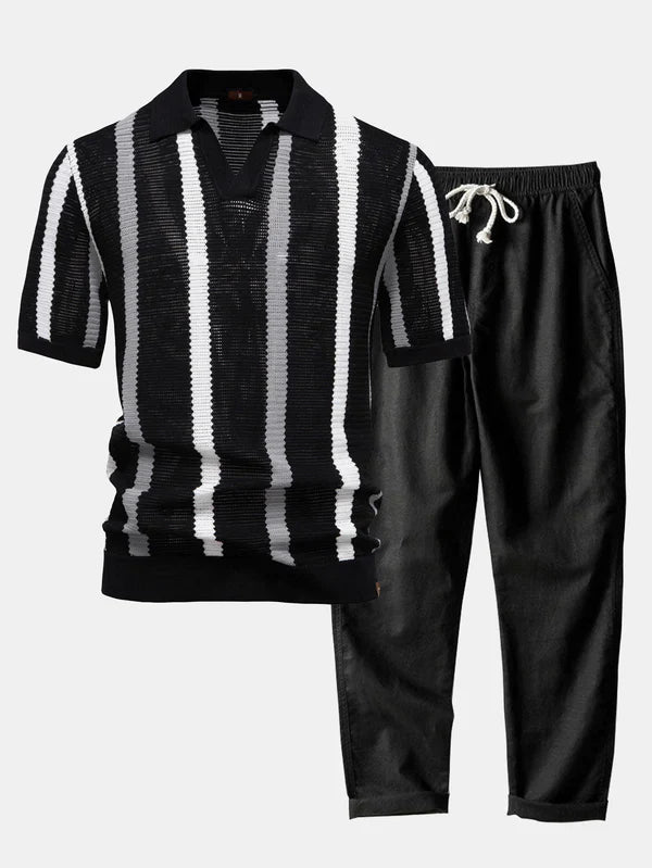 Stripe Knit V Neck Polo Shirt & Cotton Linen Pants