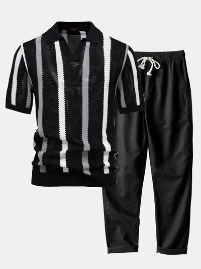 Stripe Knit V Neck Polo Shirt & Cotton Linen Pants
