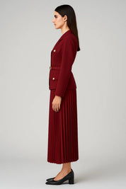Seraphielle | Women’s Elegant Double-Breasted Blazer and Pleated Midi Skirt Set – Tailored Formal Two-Piece in Bordeaux