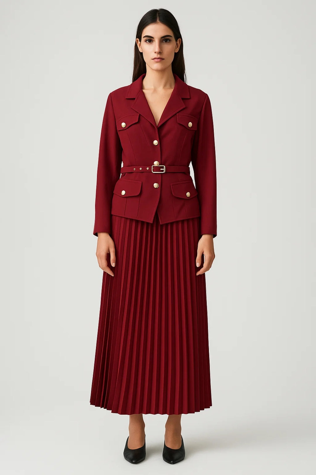 Seraphielle | Women’s Elegant Double-Breasted Blazer and Pleated Midi Skirt Set – Tailored Formal Two-Piece in Bordeaux
