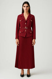Seraphielle | Women’s Elegant Double-Breasted Blazer and Pleated Midi Skirt Set – Tailored Formal Two-Piece in Bordeaux