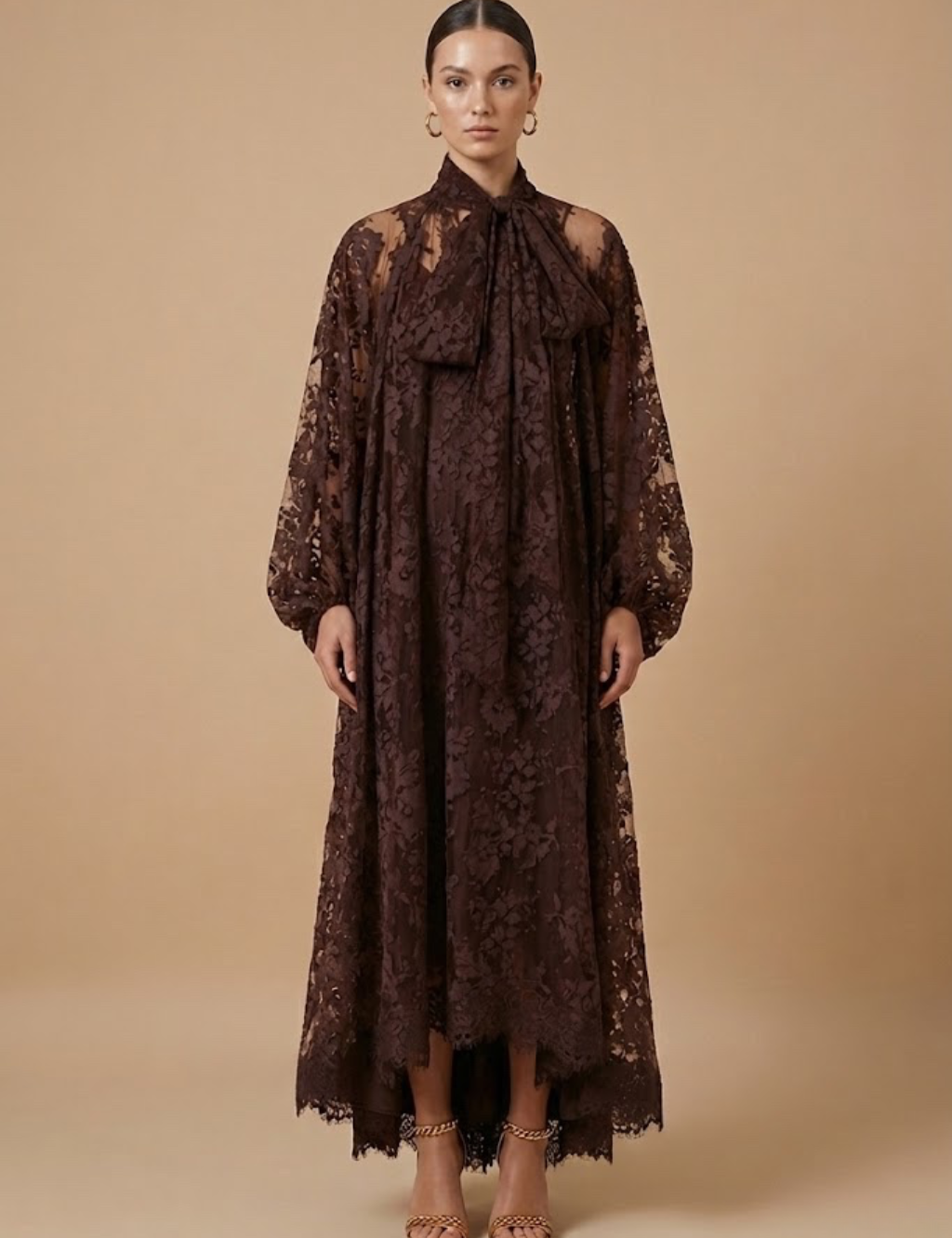 Améline | Women’s Elegant Maxi Dress – Sheer Lace Design with High Neck, Long Sleeves and Ribbon Detail