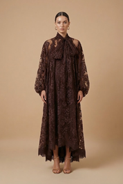 Améline | Women’s Elegant Maxi Dress – Sheer Lace Design with High Neck, Long Sleeves and Ribbon Detail