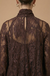 Améline | Women’s Elegant Maxi Dress – Sheer Lace Design with High Neck, Long Sleeves and Ribbon Detail