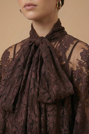 Améline | Women’s Elegant Maxi Dress – Sheer Lace Design with High Neck, Long Sleeves and Ribbon Detail
