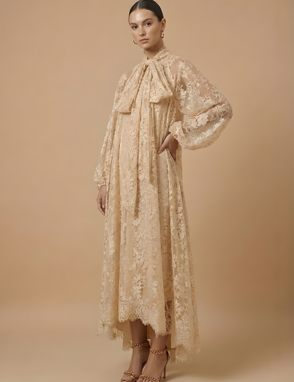 Améline | Women’s Elegant Maxi Dress – Sheer Lace Design with High Neck, Long Sleeves and Ribbon Detail