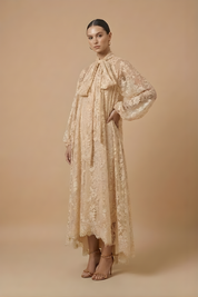 Améline | Women’s Elegant Maxi Dress – Sheer Lace Design with High Neck, Long Sleeves and Ribbon Detail