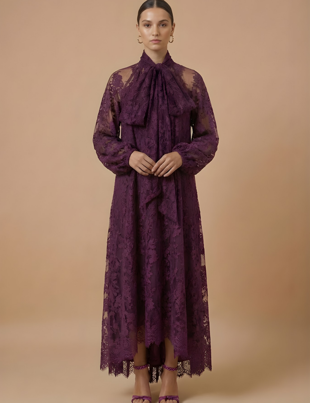Améline | Women’s Elegant Maxi Dress – Sheer Lace Design with High Neck, Long Sleeves and Ribbon Detail