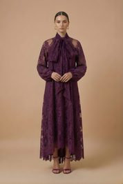 Améline | Women’s Elegant Maxi Dress – Sheer Lace Design with High Neck, Long Sleeves and Ribbon Detail