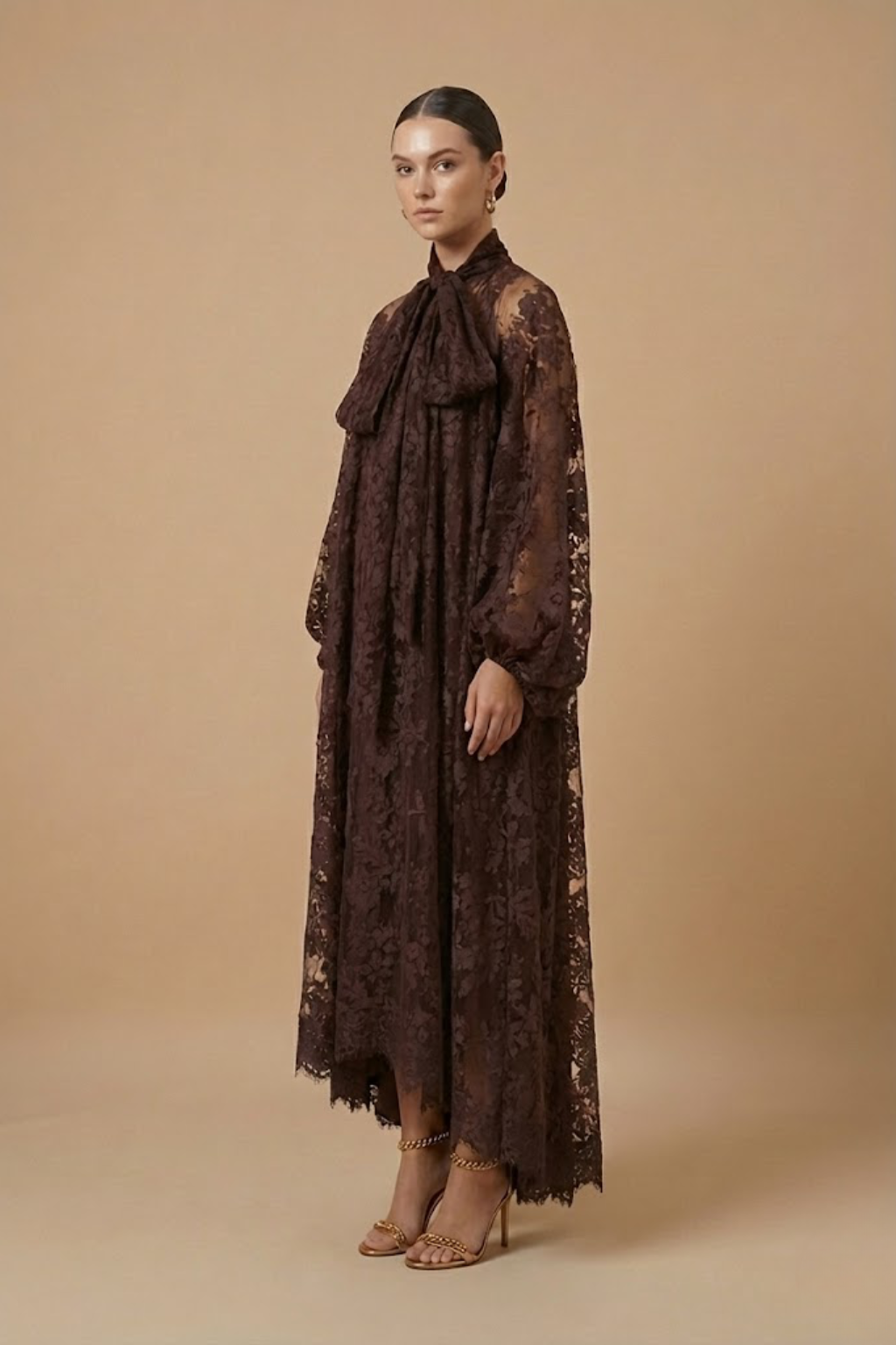 Améline | Women’s Elegant Maxi Dress – Sheer Lace Design with High Neck, Long Sleeves and Ribbon Detail