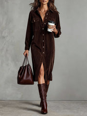 Corvella - Women’s Corduroy Midi Shirt Dress
