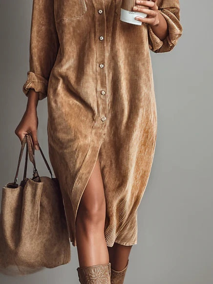 Corvella - Women’s Corduroy Midi Shirt Dress