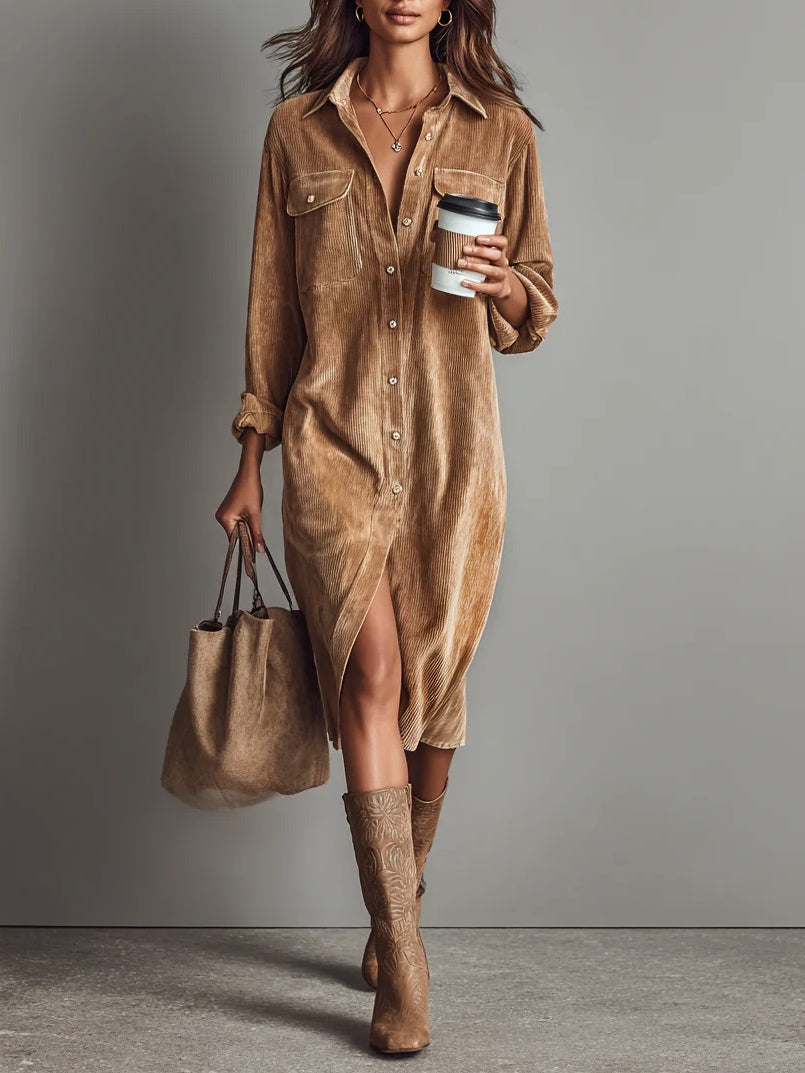 Corvella - Women’s Corduroy Midi Shirt Dress