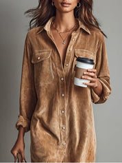 Corvella - Women’s Corduroy Midi Shirt Dress