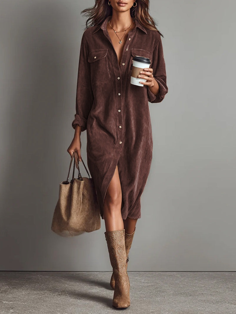 Corvella - Women’s Corduroy Midi Shirt Dress