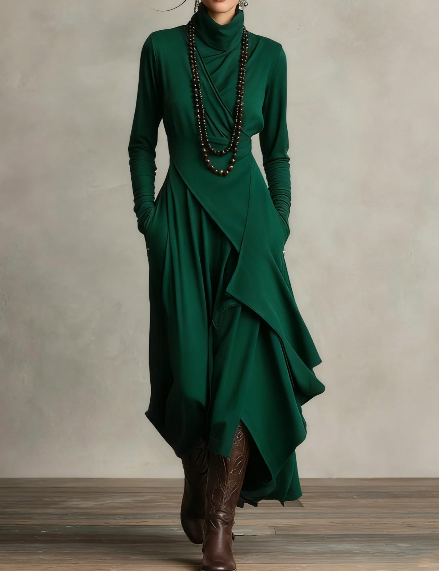 Zorvella - Women’s Draped Turtleneck Maxi Dress