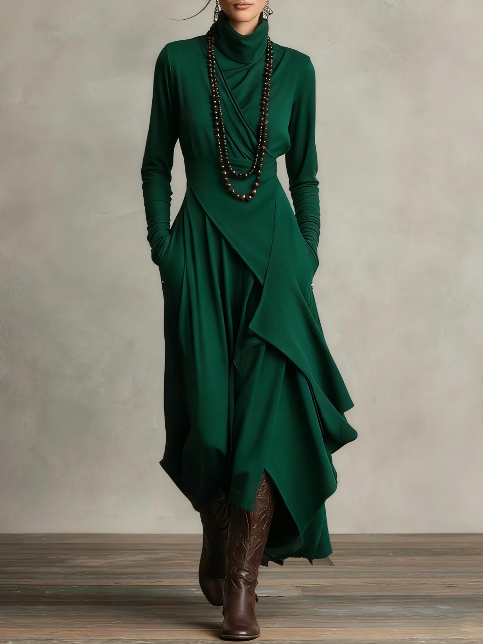 Zorvella - Women’s Draped Turtleneck Maxi Dress