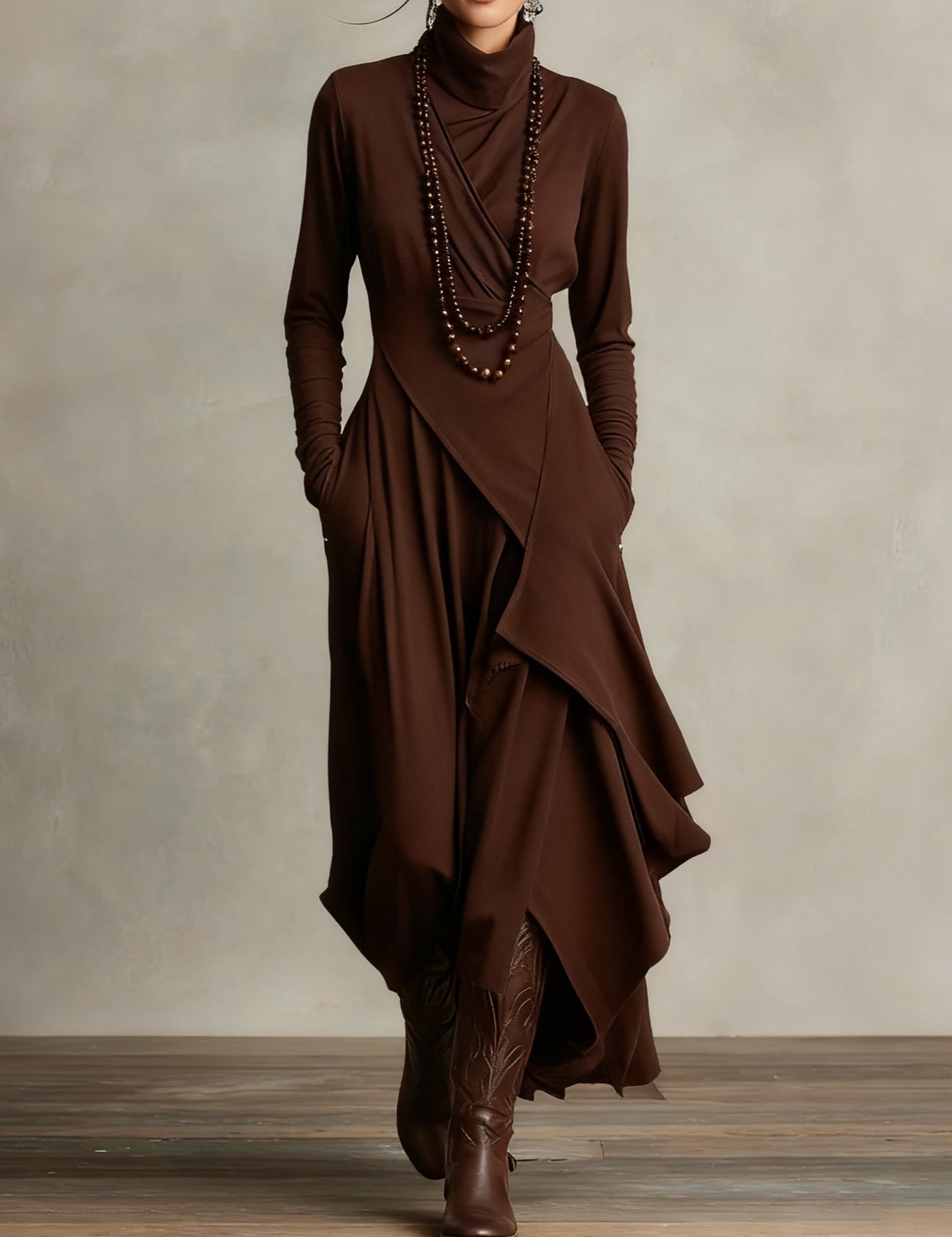 Zorvella - Women’s Draped Turtleneck Maxi Dress