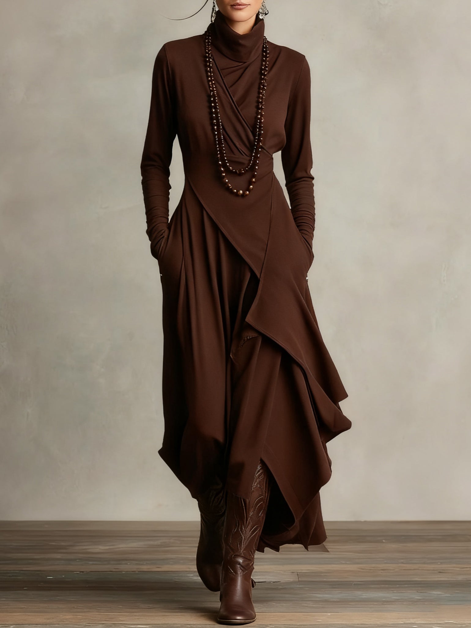 Zorvella - Women’s Draped Turtleneck Maxi Dress