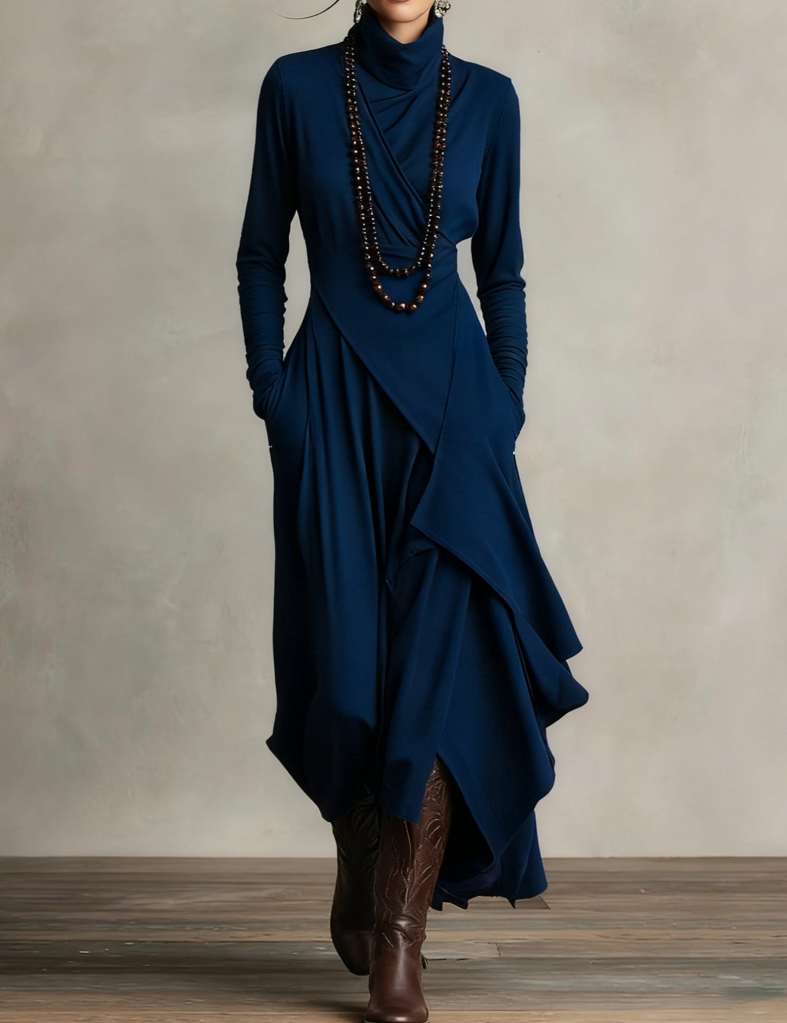Zorvella - Women’s Draped Turtleneck Maxi Dress
