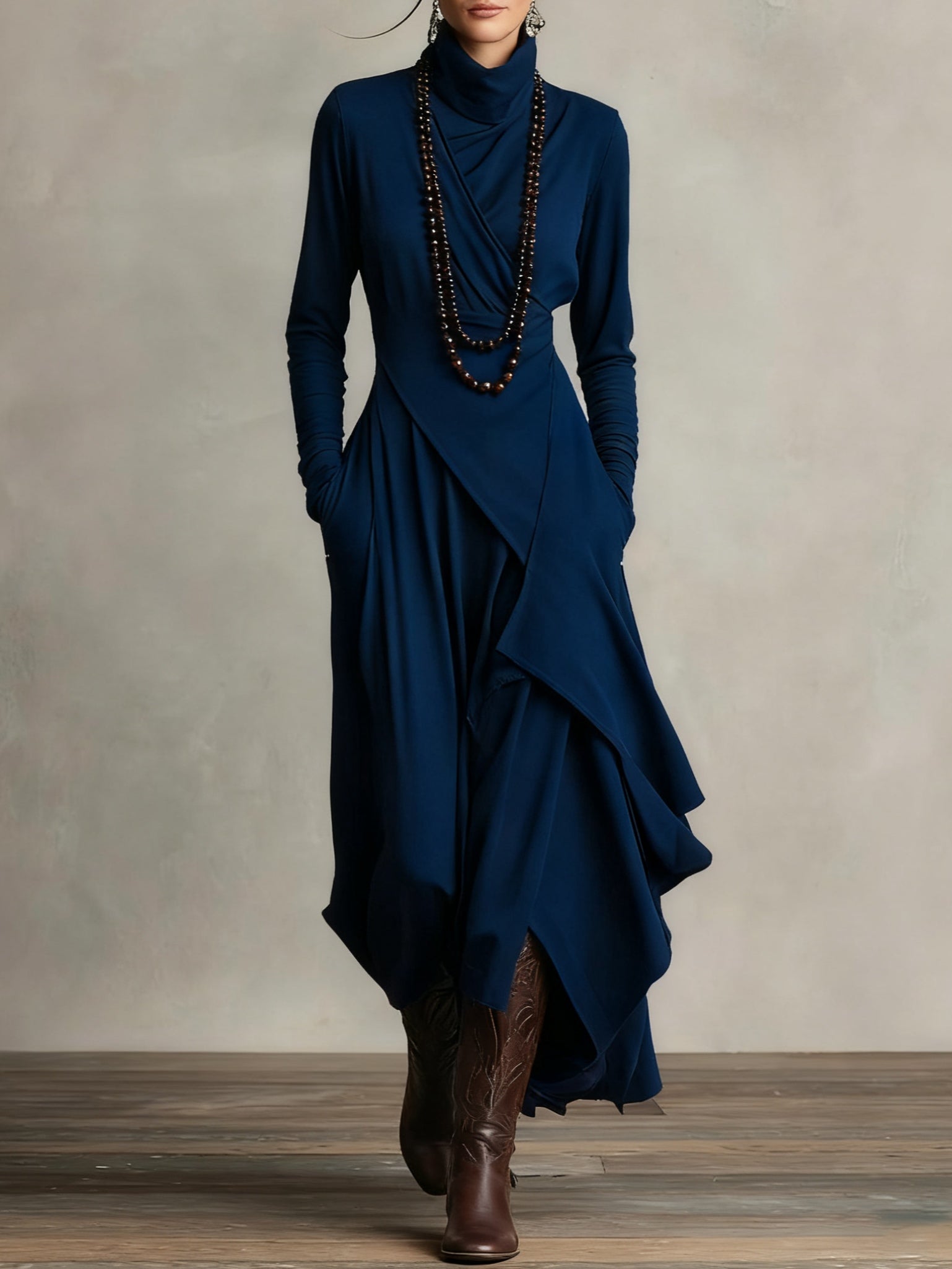 Zorvella - Women’s Draped Turtleneck Maxi Dress